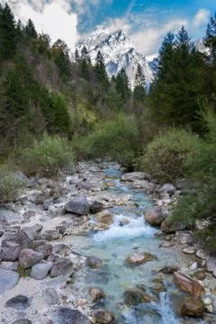 Alpine torrent with a mountain in the background Stock Photos