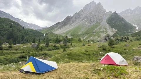 Alpine Valley Mountain Camping Stock Photos