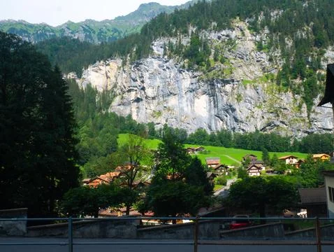 Alpine Valley Mountain Landscape with Dramatic Cliffs   Scenic Tourism Trav.. Stock Photos