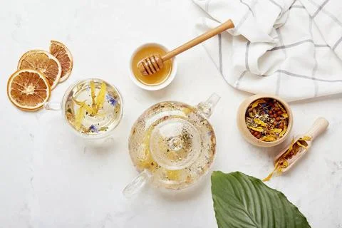 Alpine wellness elixir, natural tea. Organic mountain blend - refreshing herbal Stock Photos