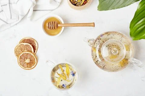 Alpine wellness elixir, natural tea. Organic mountain blend - refreshing herbal Stock Photos