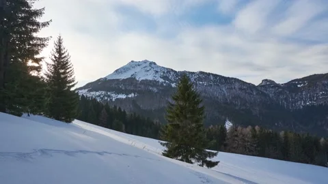 Alpine winter landscape in spruce forest. The sun sets behind the trees, Stock Footage 171245654