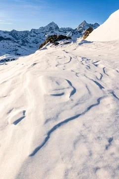 Alpine winter landscape with a view of the Dent Blanche and the Obergabelhorn Stock Photos