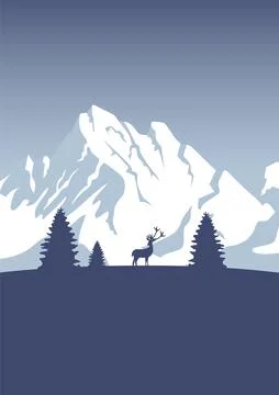 Alps Mountain landscape wildlife illustration. Minimalist view with forest an Stock Illustration