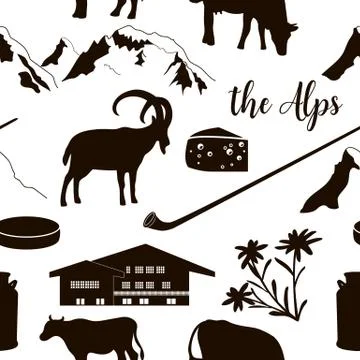 The Alps seamless pattern flat icons. Mountain Matterhorn, Alpine ibex, chale Stock Illustration