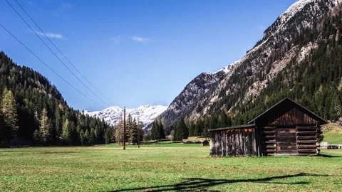 Alps Valley Mountains Spring Hut Landscape Timelapse 4k Stock Footage 75231641