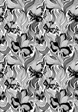 Alstromeria graphic black and white seamless hand drawn pattern Stock Illustration