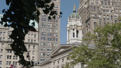 Alt top of Brooklyn Borough Hall seen through fluttering leaves Vídeo Stock 345522913