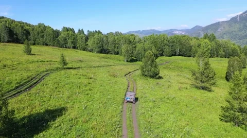 ALTAI REGION. RUSSIA. THE MOUNTAINS. FLIGHT FOR A CAR. quadcopter video shooting Stock Footage