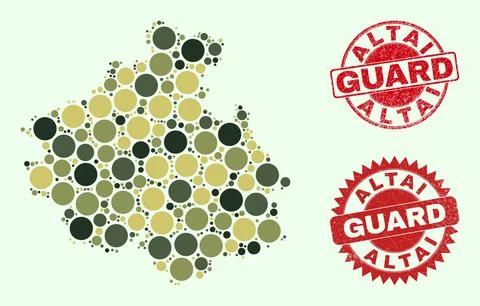 Altai Republic Map Composition with Camo Military Spheric Elements with Distress Stock Illustration