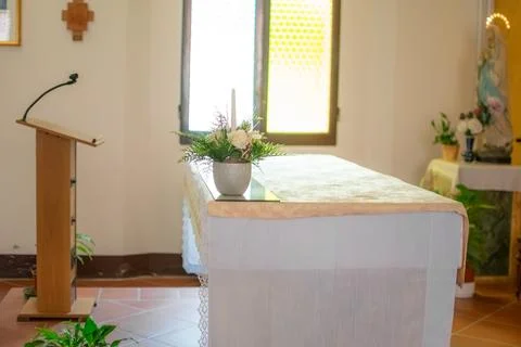 Altar of church with lectern and microphone for priest speeches with clear light Stock Photos