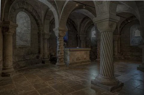 The altar in the crypt of Lund Cathedral Stock Photos