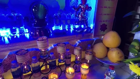 Altar inside Buddhist Temple, Marble mountains, Da Nang, Vietnam Stock Footage 155150201