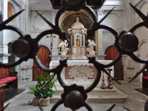 Altar with two angels captured through a decorative metallic fence 库存照片