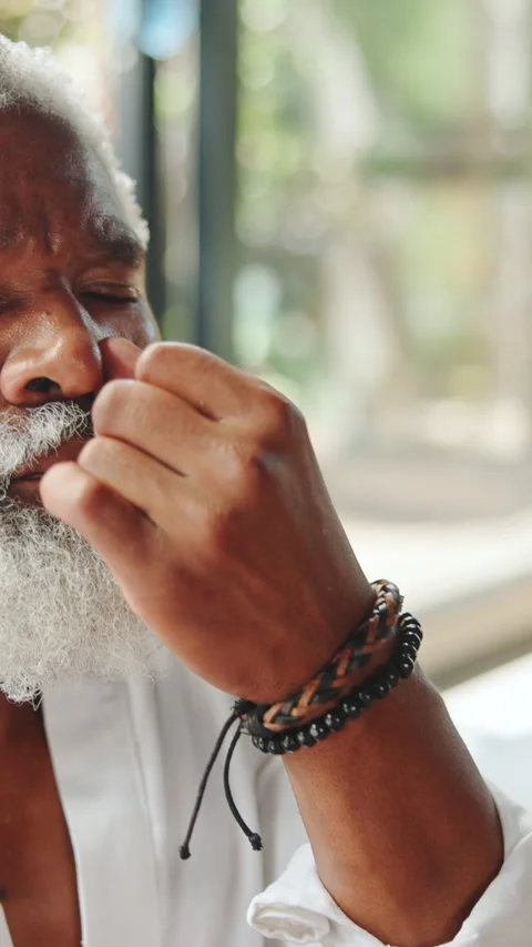 Alternate, nose or black man with breathing, meditation or mindfulness for Stock Footage 340456699