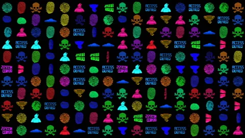 Alternately rotating rotating thumb, hacker, skull, microchip icons, access is Stock Footage 85555565