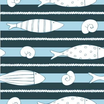 Alternating stripes with fish and shell silhouettes in rich navy blue and white Illustrazione stock