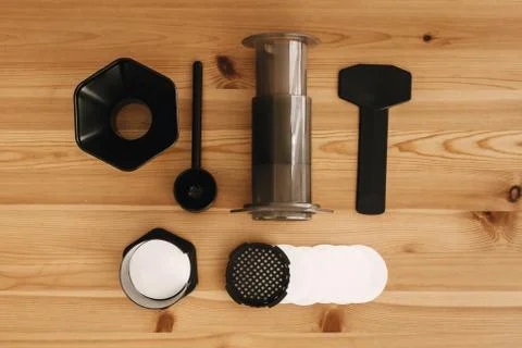 Alternative coffee brewing method set, flat lay. Stylish accessories and item Stock Photos