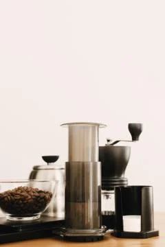 Alternative coffee brewing method set. Stylish accessories and items for alte Stock Photos