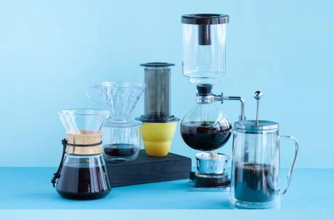 Alternative coffee brewing methods, chemex, pour over coffee maker, aeropress Stock Photos