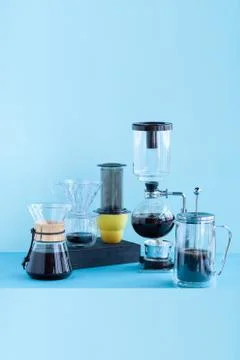 Alternative coffee brewing methods, chemex, pour over coffee maker, aeropress Stock Photos