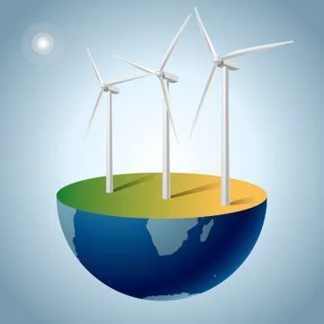Alternative energy concept, wind generators on earth. Illustrazione stock