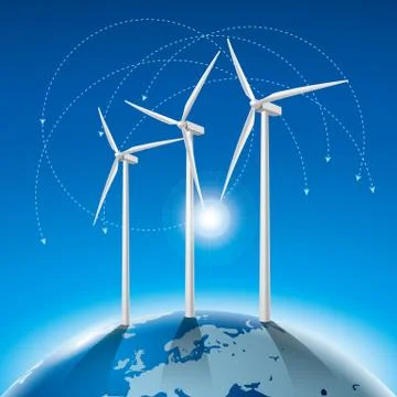 Alternative energy concept, wind generators on earth. 스톡 일러스트