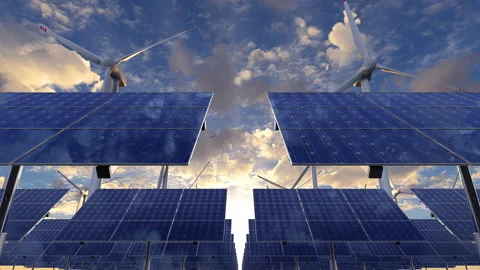 Alternative energy production with wind turbines and efficient solar panels Stock Footage