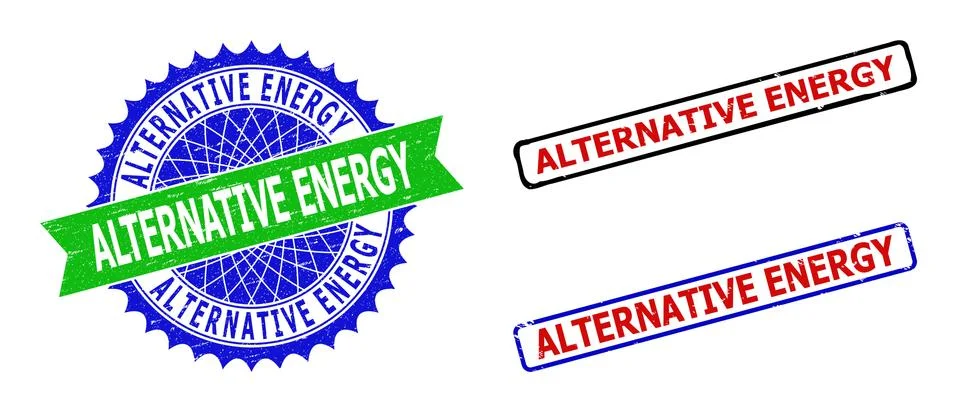 ALTERNATIVE ENERGY Rosette and Rectangle Bicolor Badges with Distress Textures Stock Illustration