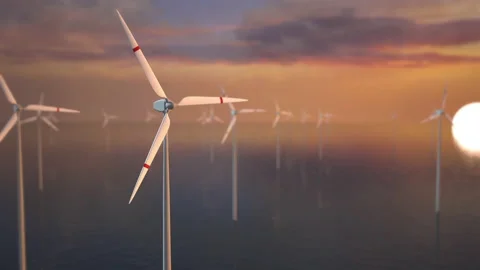 Alternative energy - shot of row of floating wind turbines. The concept of the e Stock Footage 211876148
