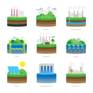 Alternative energy source electricity power resource eco set vector illustration Ilustração Stock