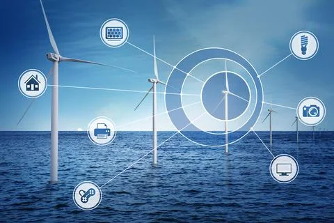 Alternative energy source. Floating wind turbines in sea and scheme Stock Photos