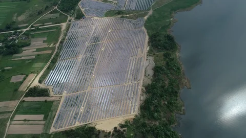 Alternative energy, view of solar panels in field from height Video stock 96311368