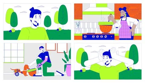 Alternative hat usage and panic attack outdoors cartoon flat illustration set Illustrazione stock