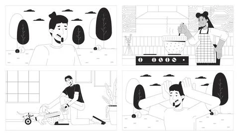 Alternative hat usage and panic attack outdoors bw line illustration set Illustrazione stock