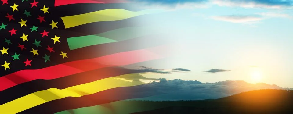 Alternative Juneteenth Flag with blue cloudy sky. Since 1865. Banner. Stock Photos
