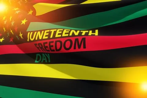 Alternative Juneteenth Flag with text Juneteenth Freedom Day with warm glow.  Stock Photos