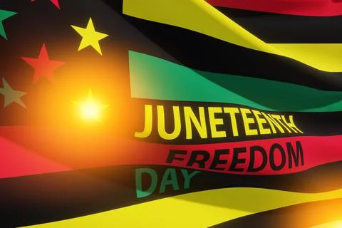 Alternative Juneteenth Flag with text Juneteenth Freedom Day with warm glow.  Stock Photos