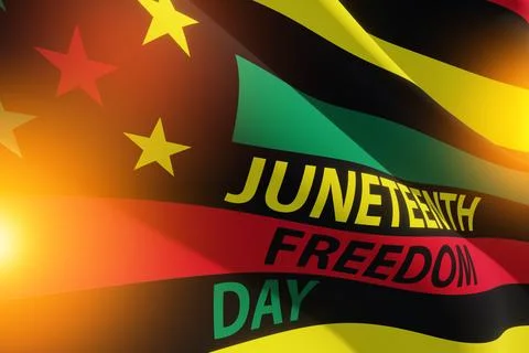 Alternative Juneteenth Flag with text Juneteenth Freedom Day with warm glow.  Stock Photos