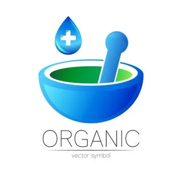 Alternative medical logo with mortar, pestle and blue cross in drop. Natural Stock Illustration