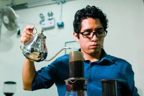 Alternative method of making aeropress coffee, thick foam on the surface of the Stock Photos