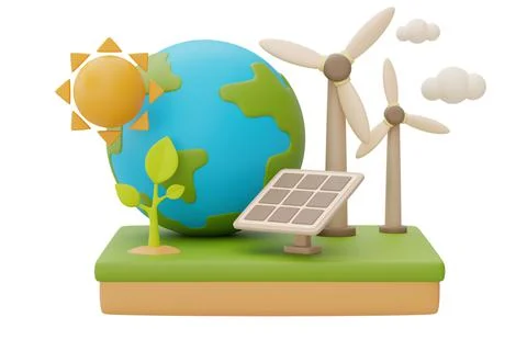 Alternative source of electricity concept with World globe,solar panels,wind  Stock Illustration