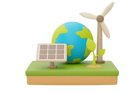 Alternative source of electricity concept with World globe,solar panels,wind  Stock Illustration