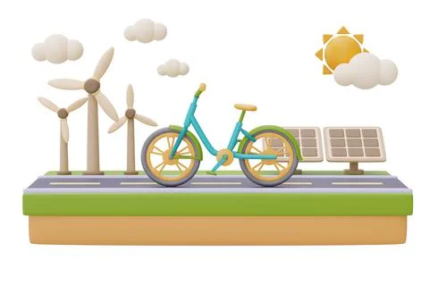 Alternative source of electricity concept,bicycle on a road with wind turbine Stock Illustration