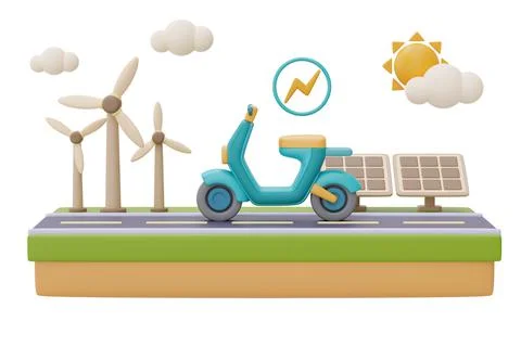 Alternative source of electricity concept,Electric motorcycle on a road with  Illustrazione stock