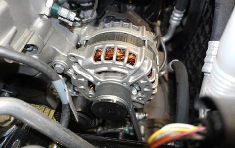 Alternator (generator) installed in the engine compartment of a modern car. Stock Photos