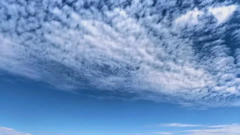 Altocumulus clouds move across a blue sky in time lapse, natural weather, Stock Footage 339763067