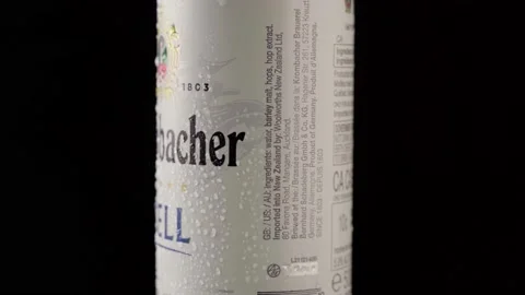 Aluminium can of beer Krombacher Hell. Misted can of cold beer Stock Footage 196374266