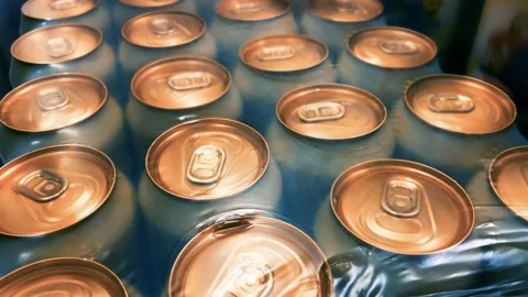 Aluminum Beer Cans Wrapped in Packaging Film at Warehouse | Canned Alcohol Video stock 315325513