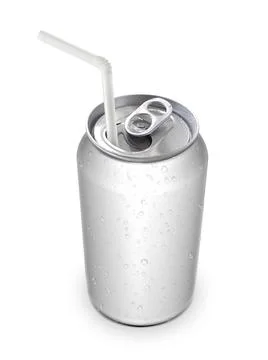 Aluminum can with the ring pull and straw. Isolated on a white Stock-Fotos
